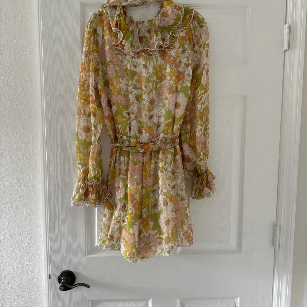 Zimmermann Cream Floral Ruffle Romper with Pink, Mustard, and Sage Accents - Picture 4 of 4